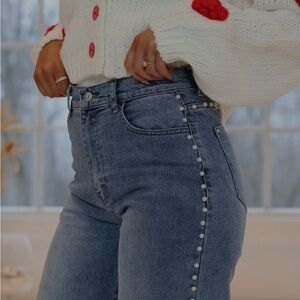 High Rise Blue Jeans with Pearl Accents